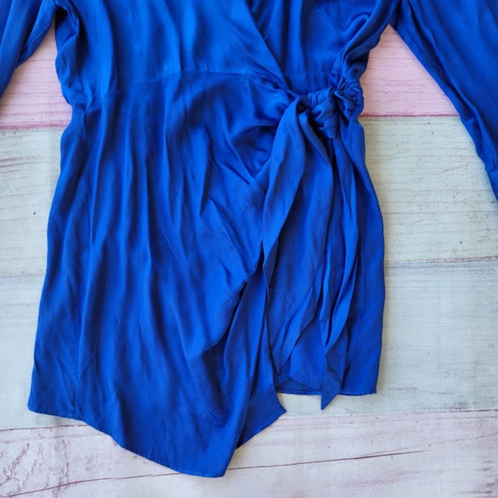 NWT Zara Cobalt Blue Satin Bloggers Effect Tie Waist Mini Shirt Dress XXL - Picture 4 of 7